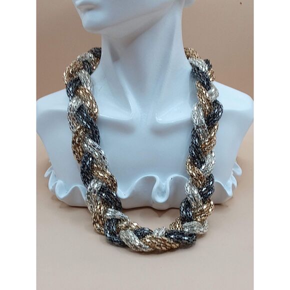 Mesh Chain Silver Gold Tone Black Adjustable Braided Vintage Necklace - Picture 1 of 7